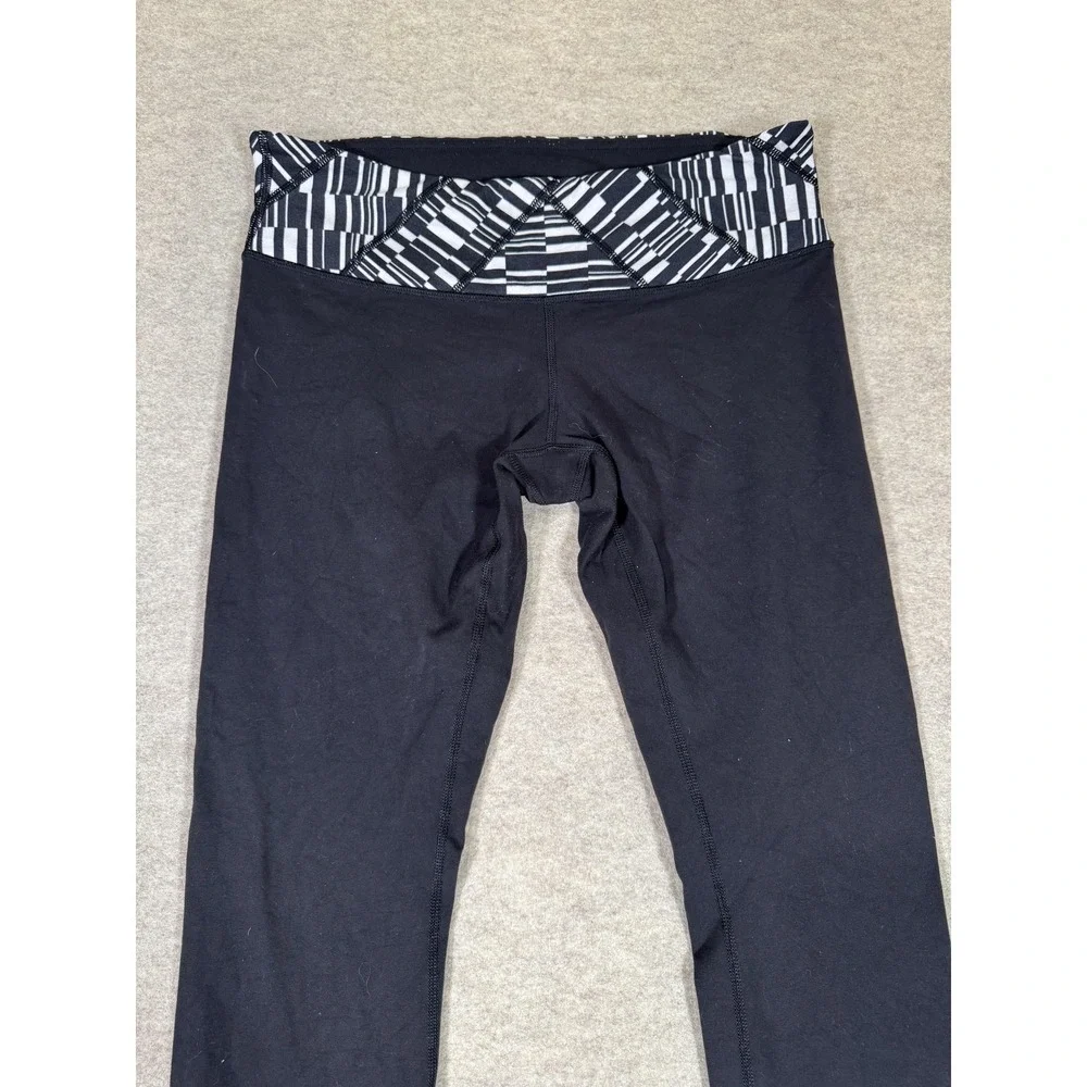 Lululemon Leggings Womens‎ 10 Black Ankle Mid Rise Yoga Gym Print Waistband